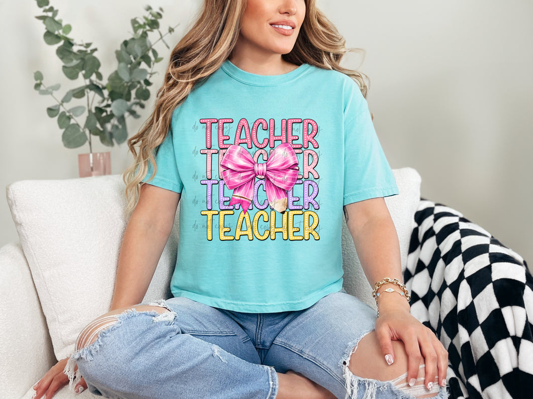 Teacher Pink Pencil Bow Dotted Stacked TRANSFER