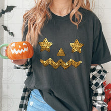 Load image into Gallery viewer, Pumpkin Face Star Eyes Faux Sequin Color DROPDOWN TRANSFER HMWK JULY 26
