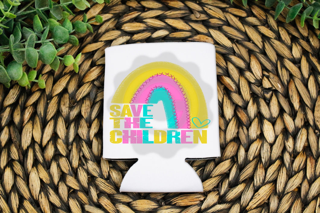 Save The Children Rainbow pink blue yellow 3” Koozie screen