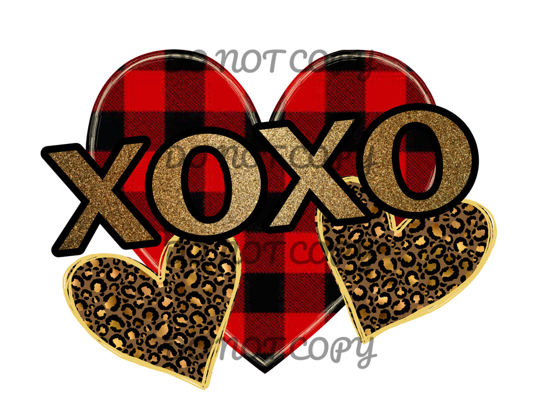 Red Plaid Gold Glitter Hearts XoXo Sublimation Transfer