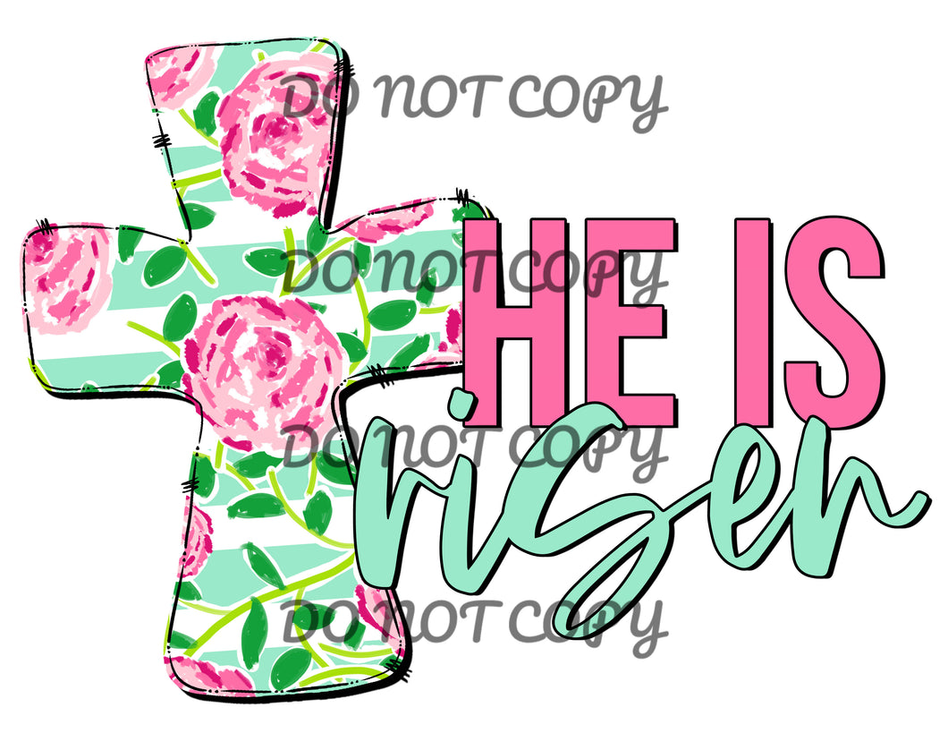 He Is Risen Pink Mint Floral Cross Sublimation Transfer
