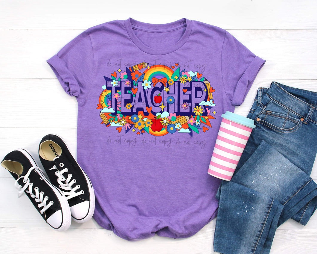 Teacher Retro Floral Rainbow TRANSFER