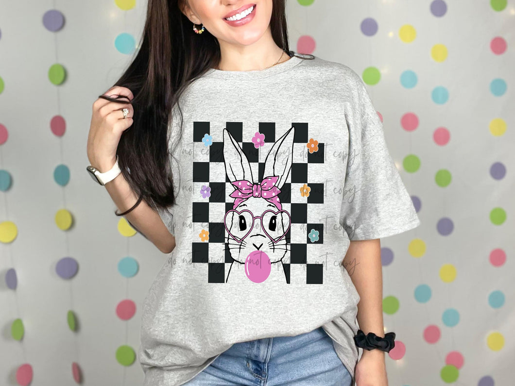 Retro Checkered Pink Bubble Bunny TRANSFER